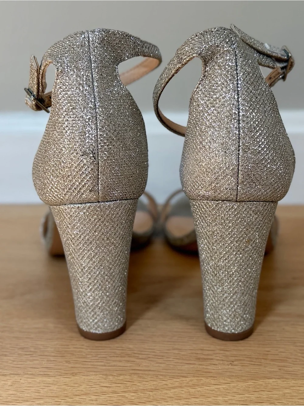 MICHAEL by Michael Shannon Sascha Silver Glitter Block Heels Ankle Strap Size 8